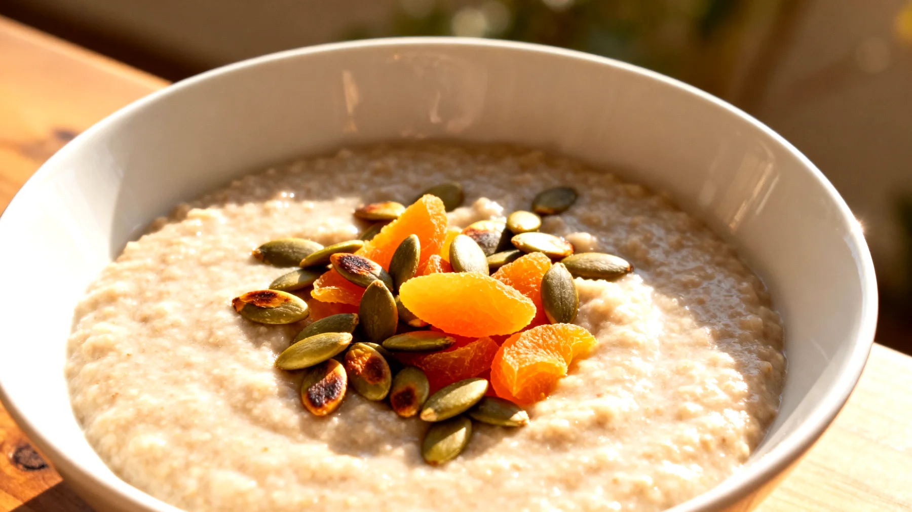 Amaranth-Porridge mit gerösteten Kürbiskernen und Aprikosen"
