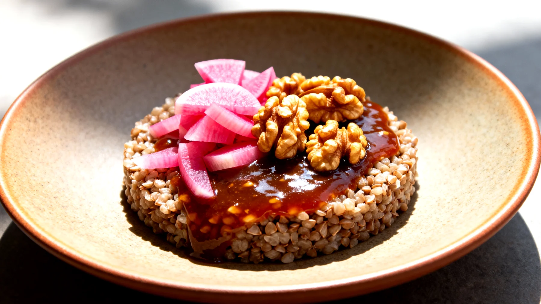 Buchweizen-Miso-Bowl mit fermentierten Rüben und Walnüssen"