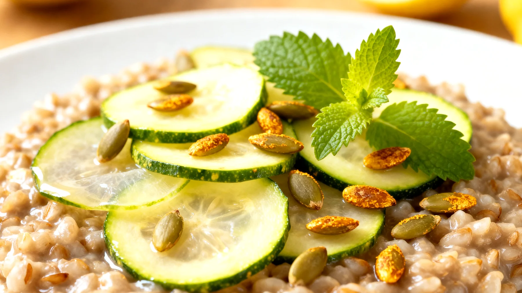 Buchweizen-Risotto mit Zucchini, Kürbiskernen und Zitronenmelisse"