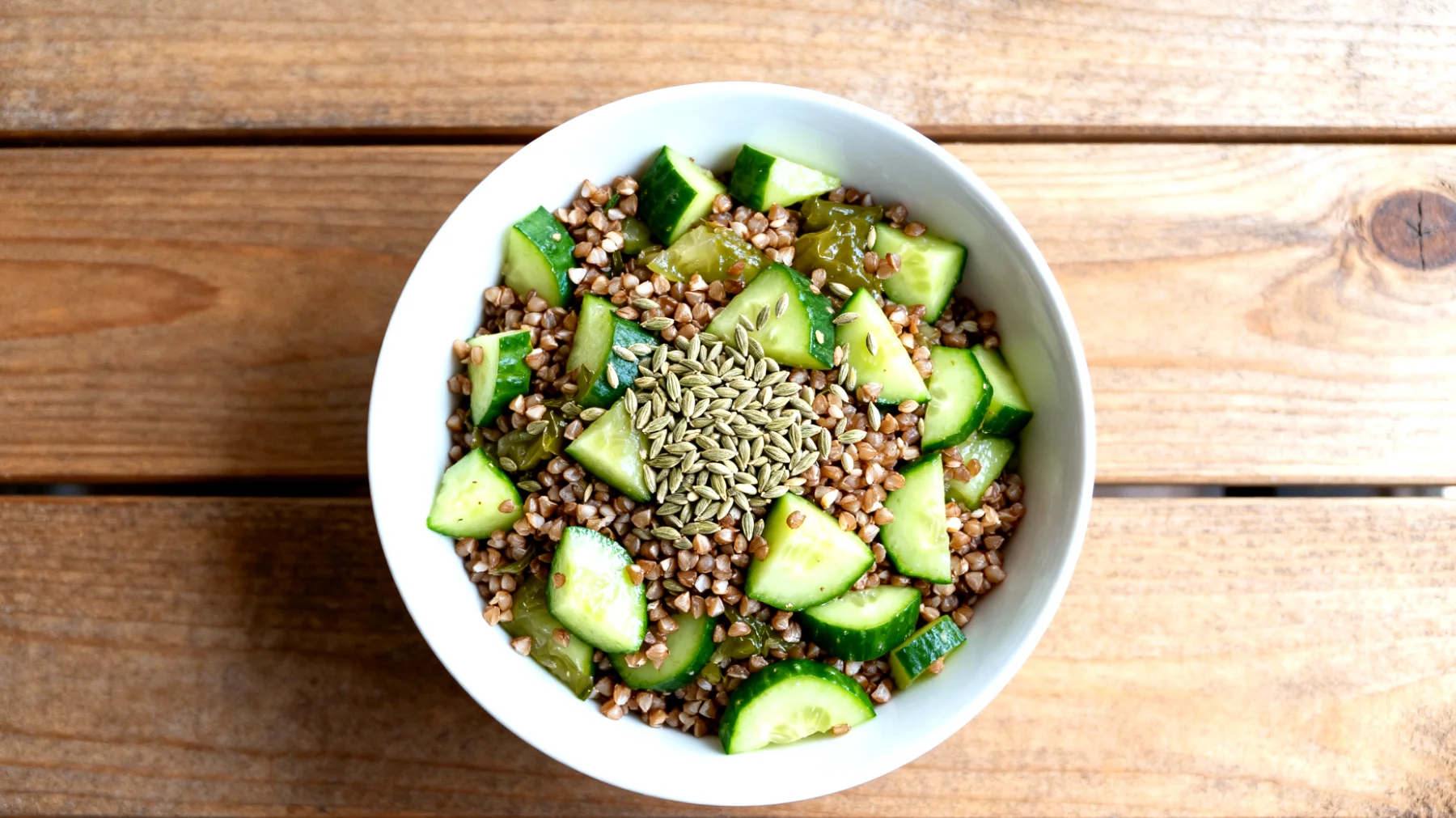 Buchweizen-Salat mit fermentierten Gurken und Hanfsamen"