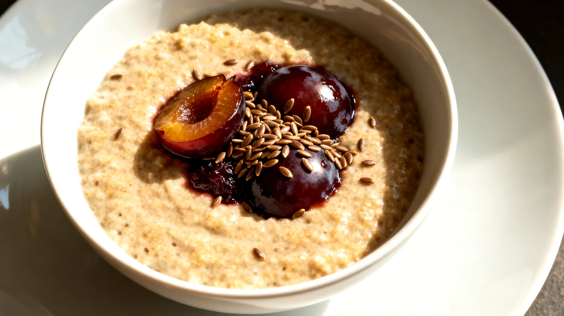 Flohsamen-Pudding mit fermentierten Pflaumen und Leinsamen"