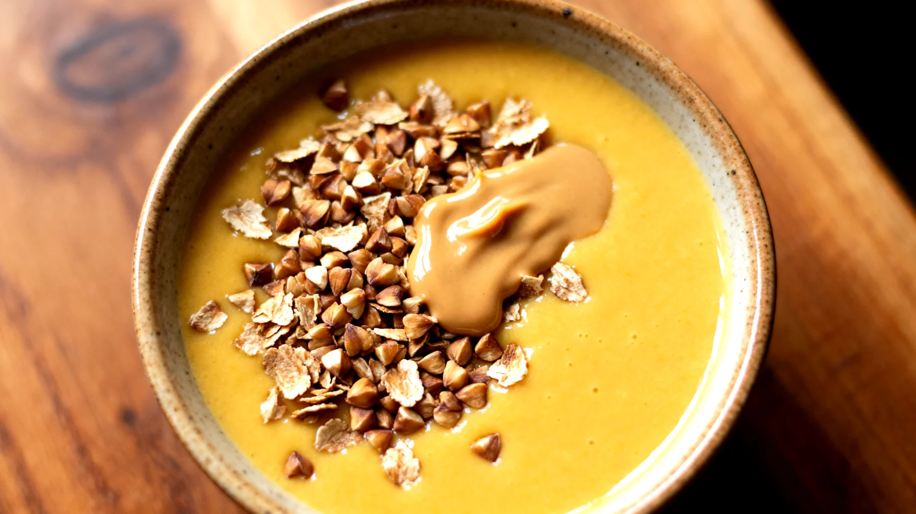 Goldene Milch mit Buchweizenflocken und Tahin"