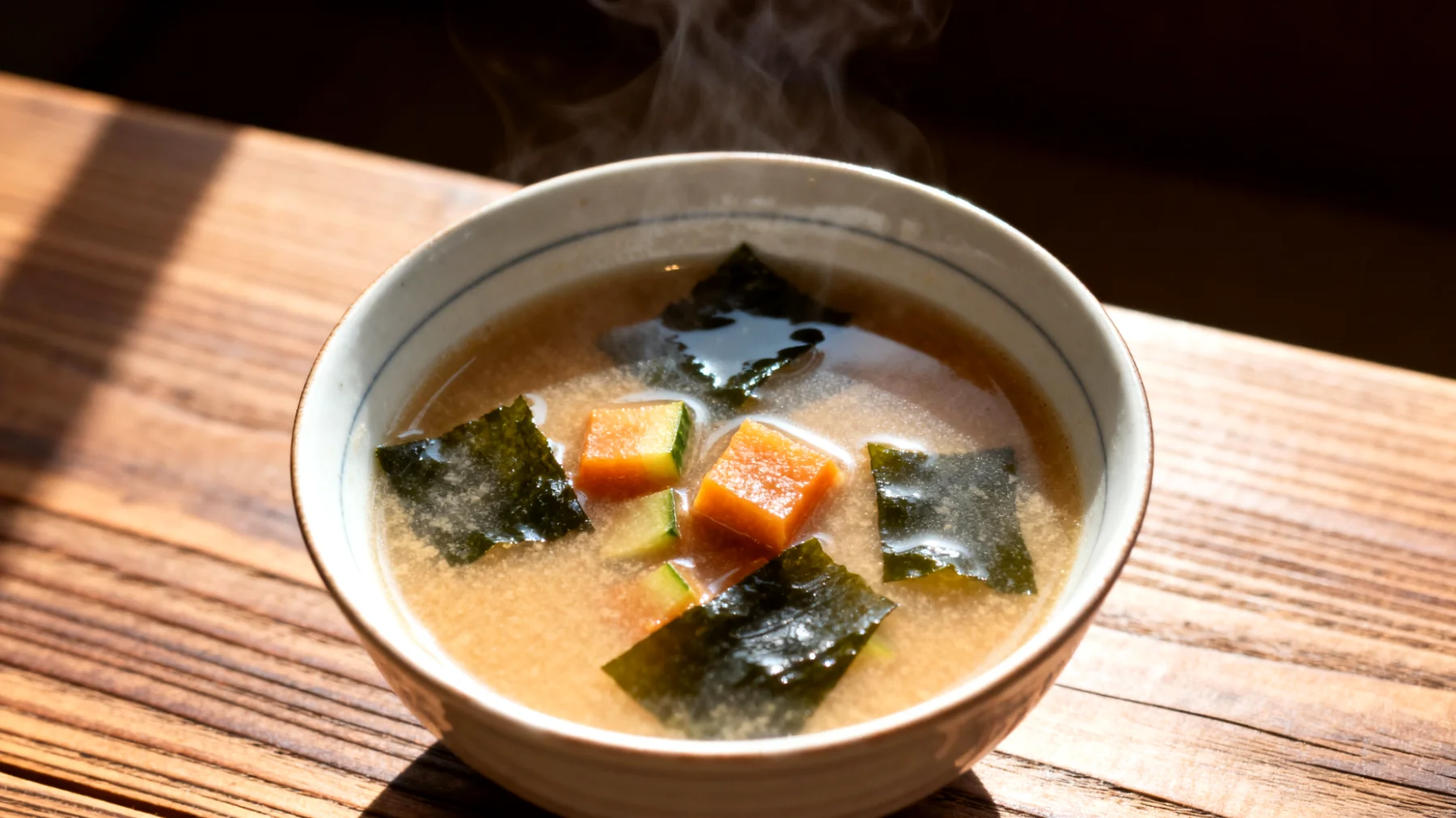 Miso-Suppe mit Wakame-Algen und fermentierten Gemüsewürfeln"