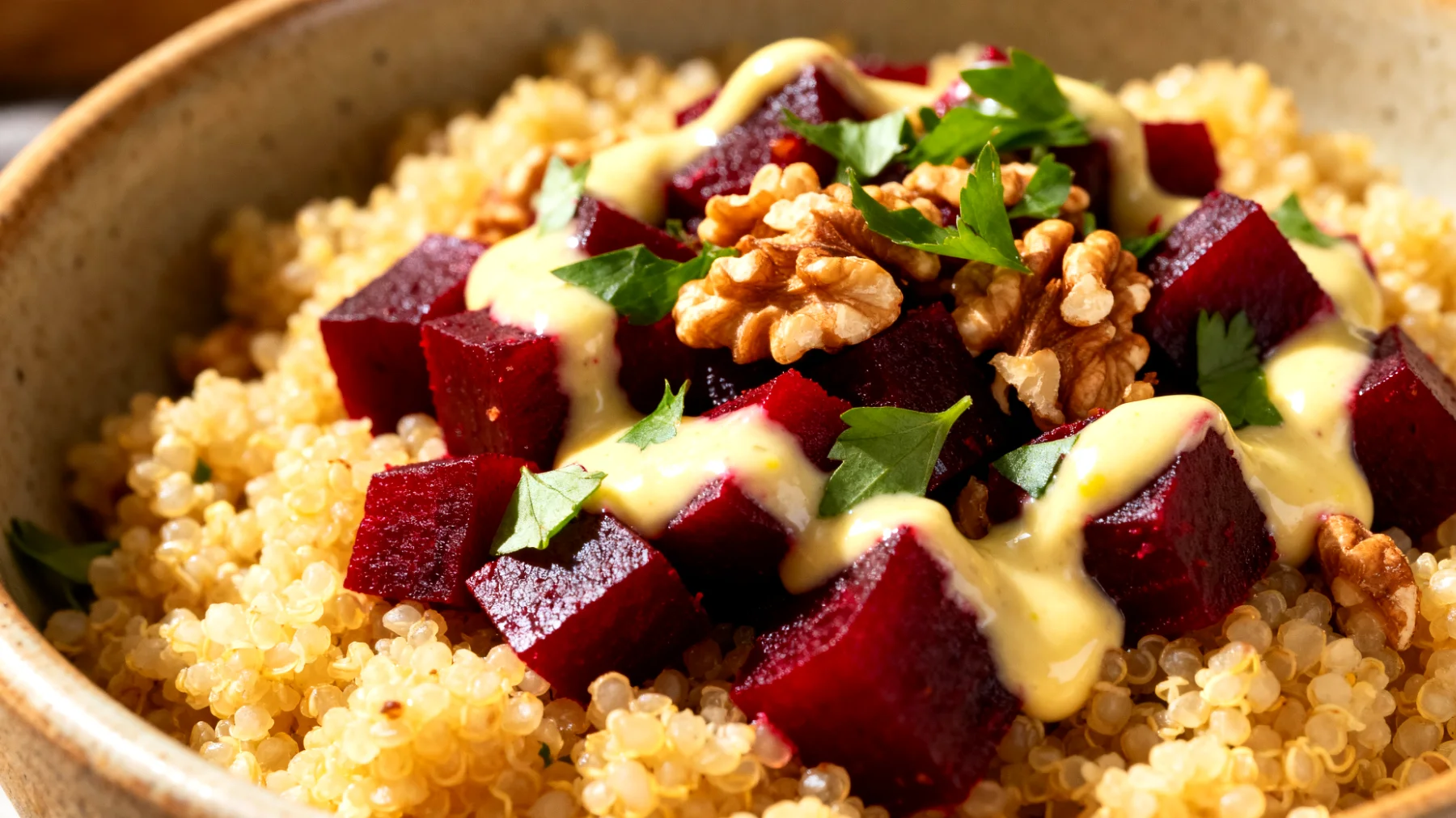 Rote-Bete-Quinoa-Bowl mit Walnüssen und Zitronentahini"