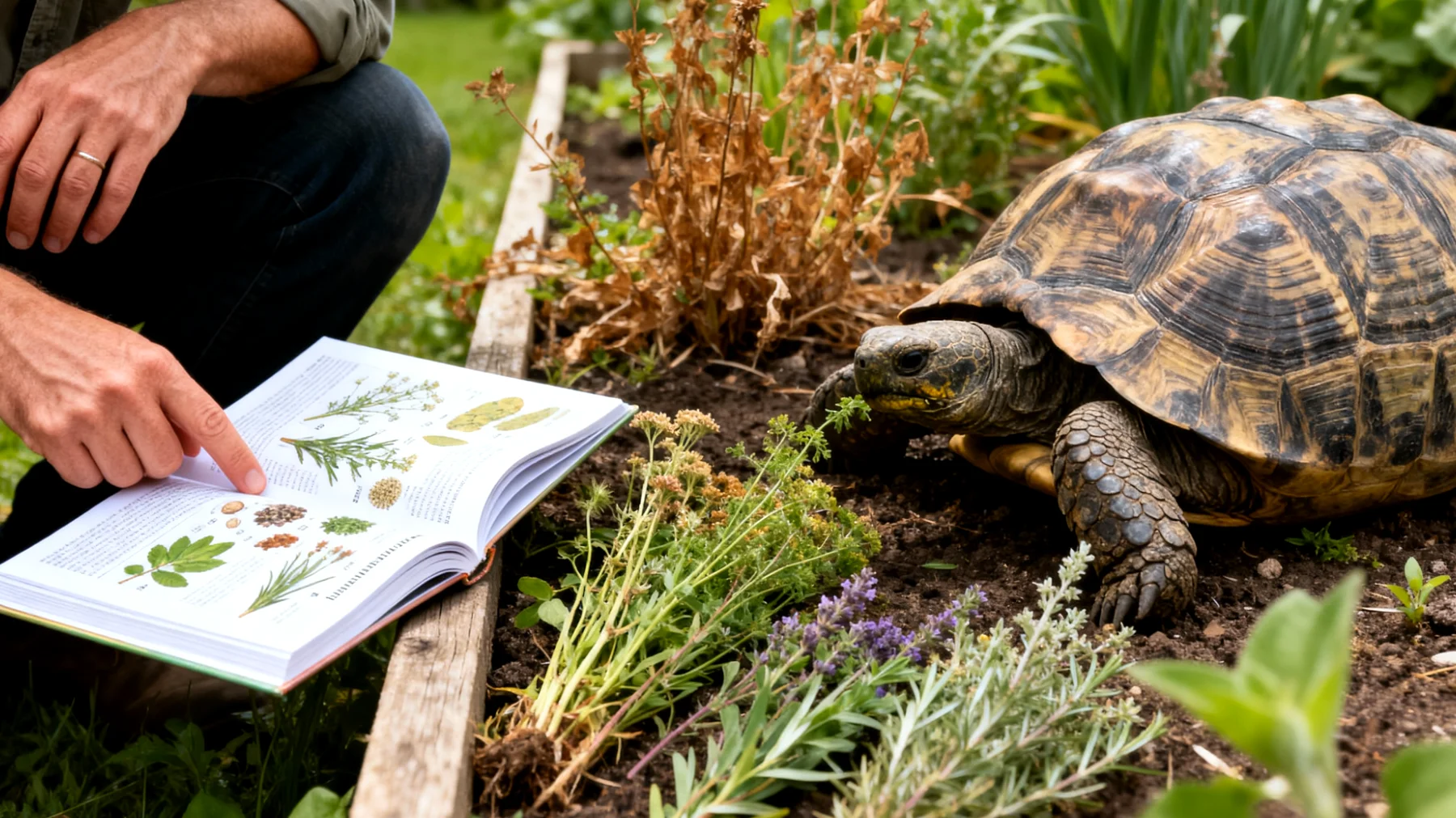 Schildkröten im Garten benötigen eine artgerechte Ernährung mit kalziumreichen Wildkräutern, Gräsern und Blättern, wobei viele Halter Schwierigkeiten haben, die richtigen Futterpflanzen zu identifizieren und ein ausgewogenes Nährstoffverhältnis sicherzustellen"