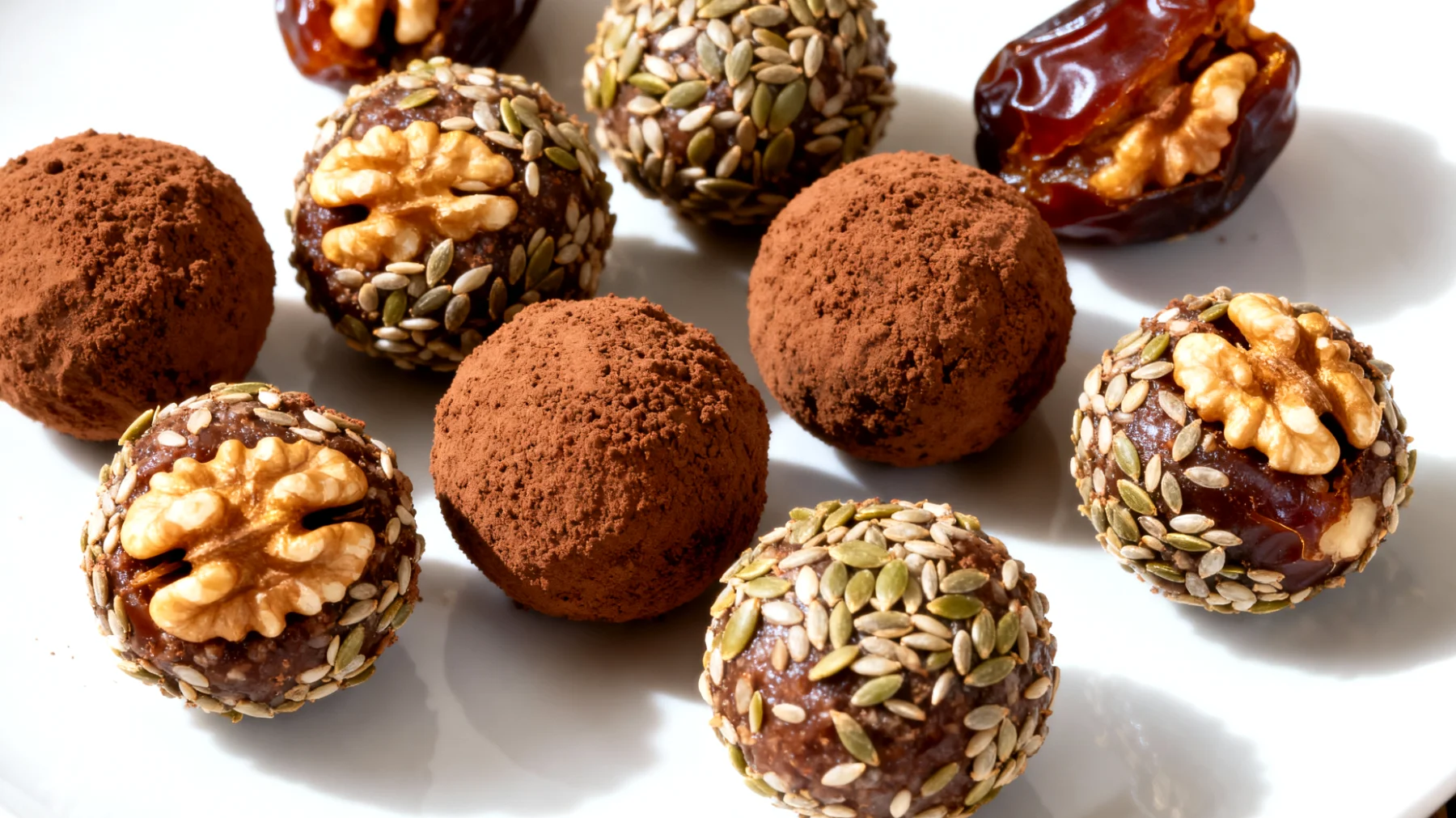 Walnuss-Dattel-Energiekugeln mit Kakao und Hanfsamen"