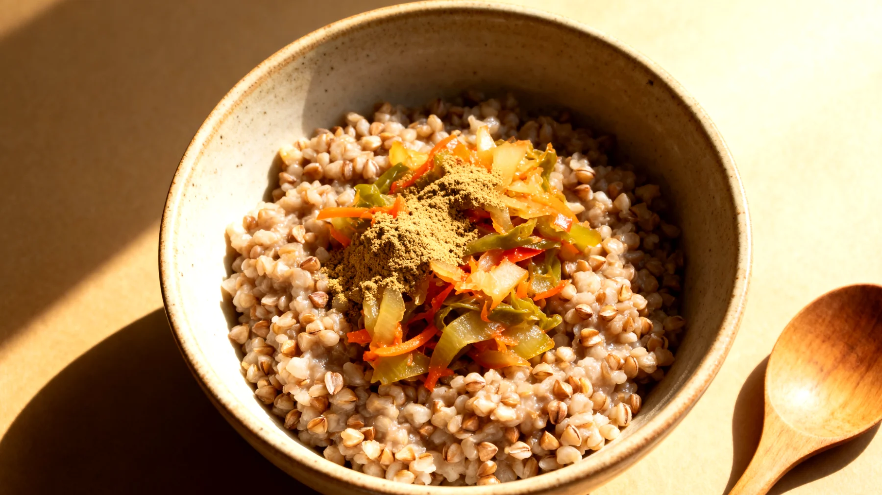 Buchweizen-Ashwagandha-Porridge mit fermentiertem Gemüse"