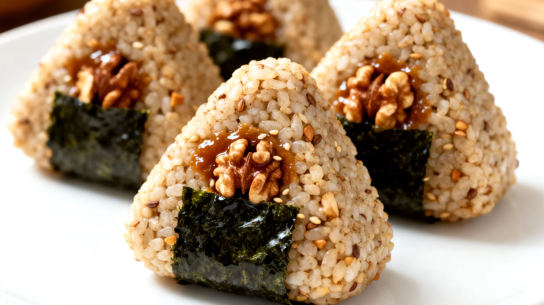 Buchweizen-Nori-Onigiri mit Walnüssen und Miso-Sesam-Paste"