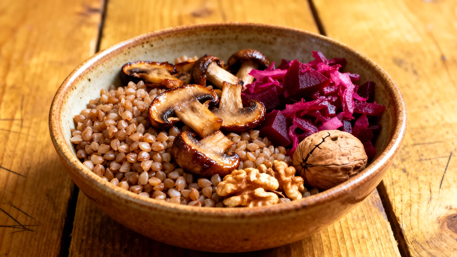 Buchweizen-Pilz-Bowl mit fermentierten Rüben und Walnüssen"