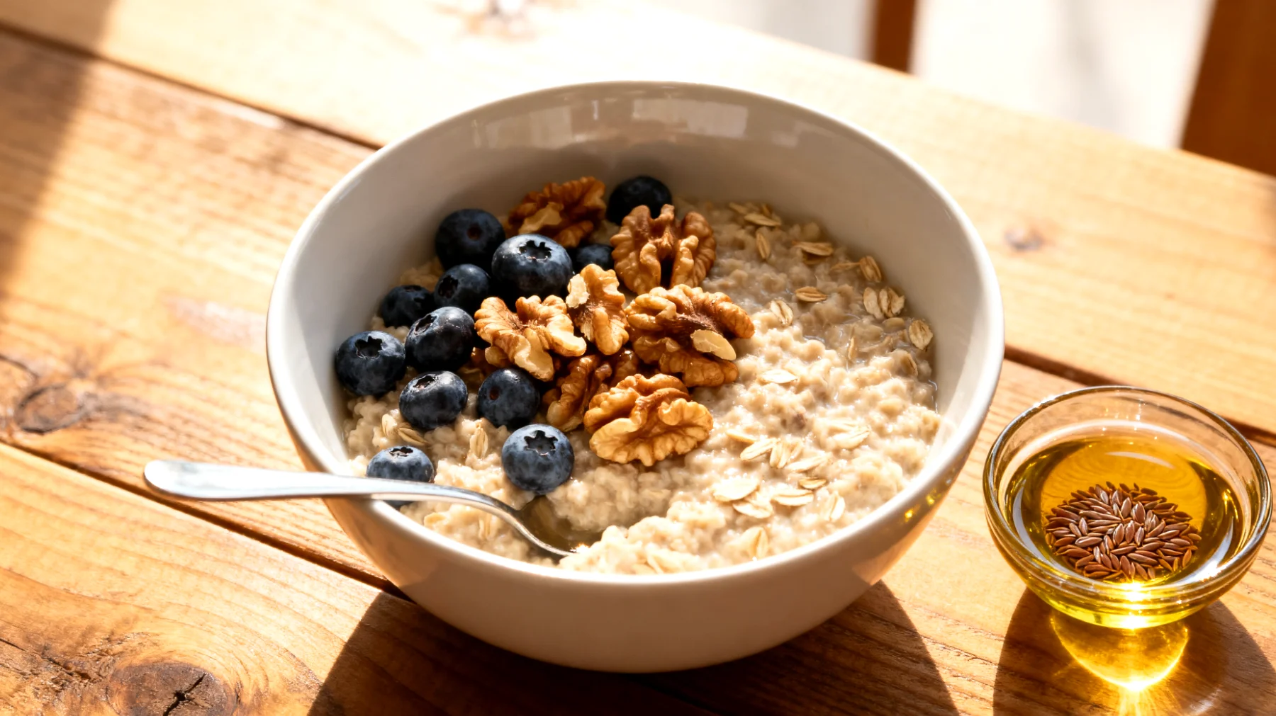 Hafer-Porridge mit Walnüssen, Blaubeeren und einem Teelöffel Leinöl"