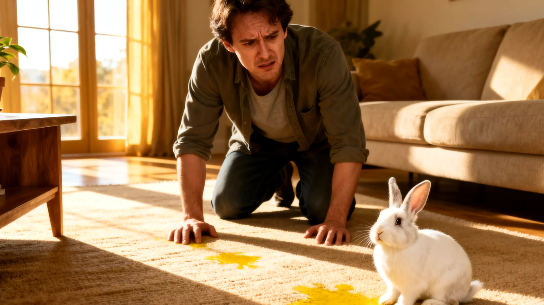 Kaninchen lassen sich in der Wohnung schwer stubenrein trainieren und markieren häufig ihr Revier durch Urinieren an verschiedenen Stellen"