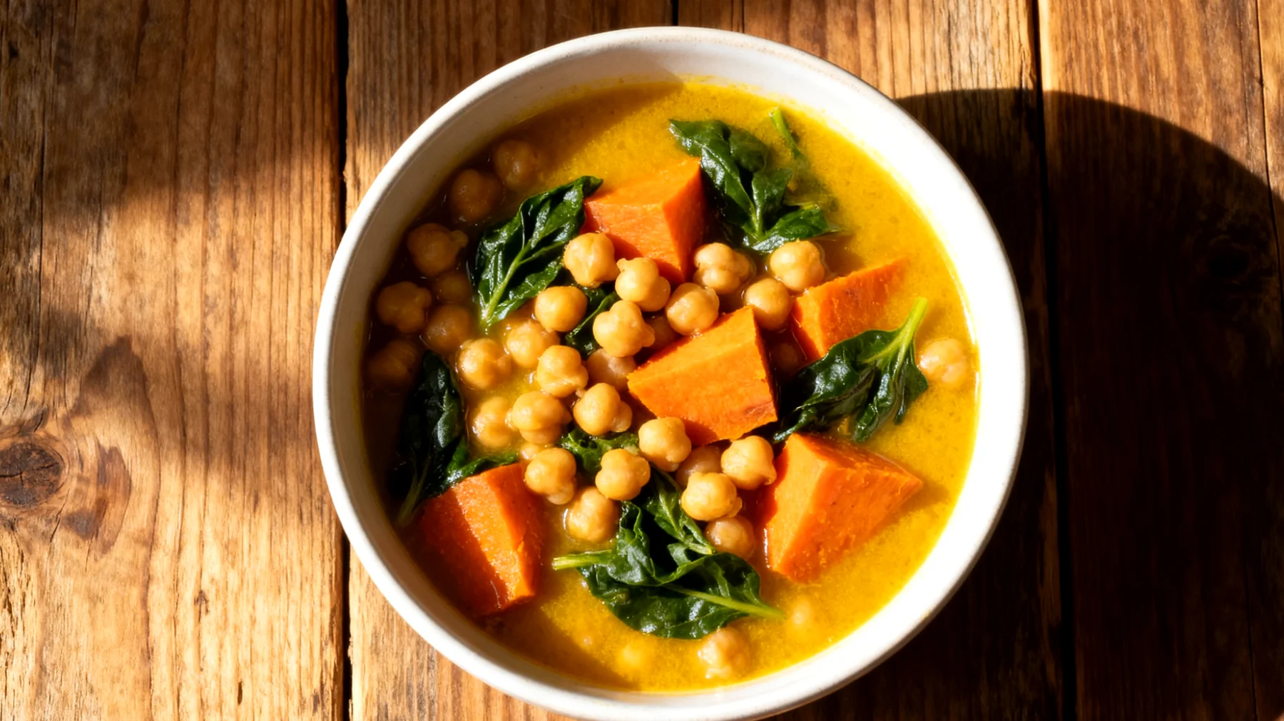 Kichererbsen-Süßkartoffel-Eintopf mit Kurkuma und Spinat"