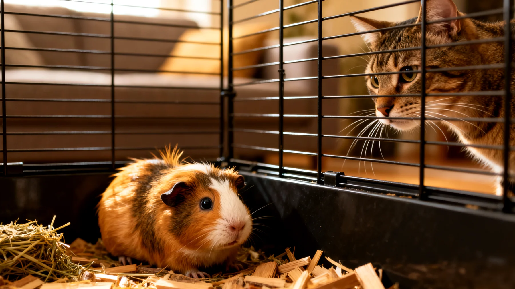 Meerschweinchen zeigen aggressives Verhalten oder Stress beim Zusammenleben mit anderen Haustieren im Haushalt, was zu Konflikten, Verletzungen oder Rückzug führen kann"