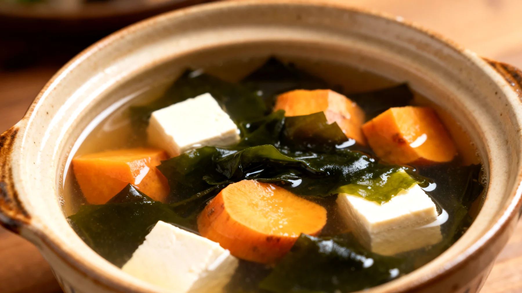 Miso-Suppe mit Wakame-Algen, Seidentofu und Süßkartoffelwürfeln"