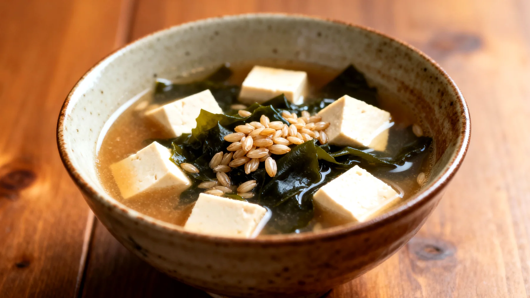 Miso-Suppe mit Wakame-Algen, Tofu und Gerste"