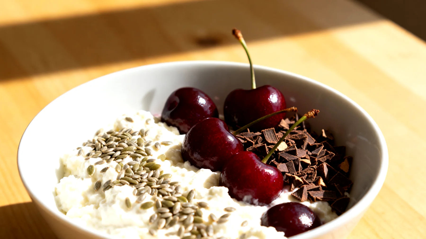 Quark mit Hanfsamen, Kirschen und Kakao-Nibs"